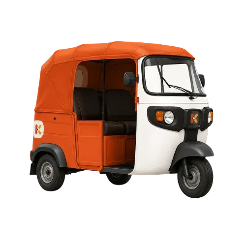 Mototaxi naranja y blanco con el logo de Kabin