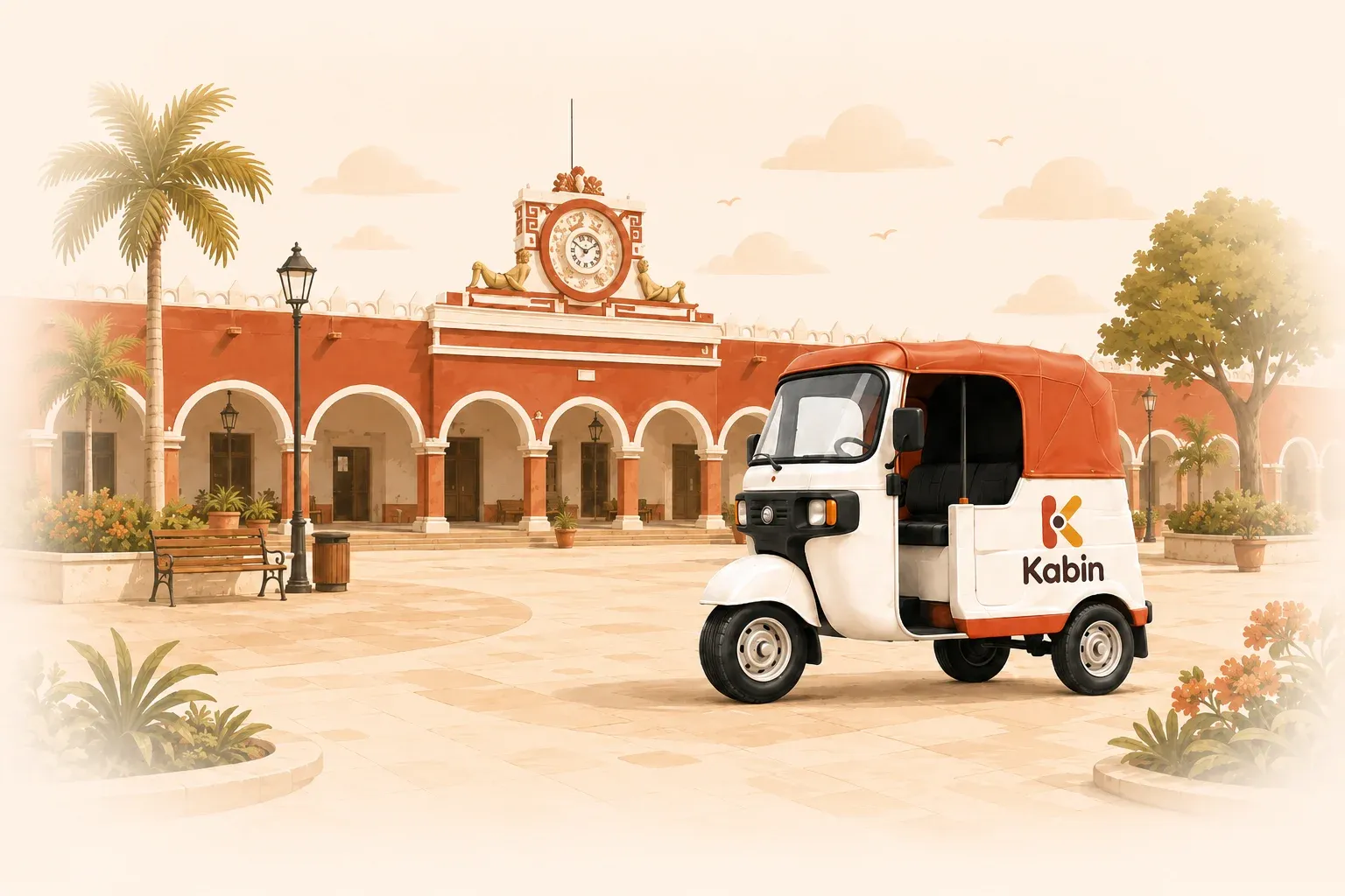 La plaza de Oxkutzcab con el palacio municipal y un mototaxi de Kabin